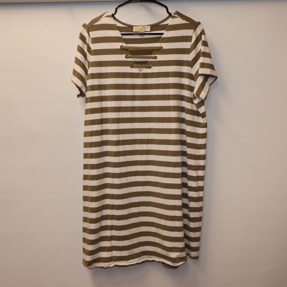 Michael Kors Olive & White Striped Lace-Up Neckline Casual Dress Size L - Picture 8 of 8